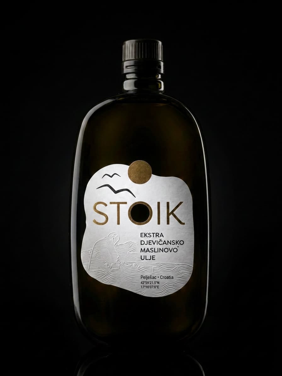 STOIK olive oil bottle lit against a black background, showing the embossed label of an old fisherman and the sea